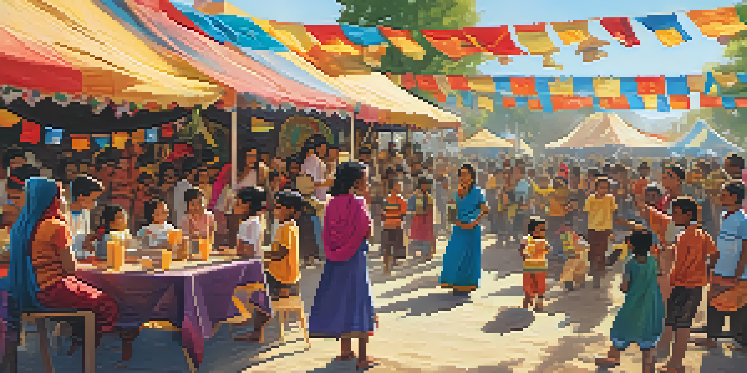 A lively community festival with children playing traditional games and colorful stalls, under warm sunlight, celebrating diverse cultures.