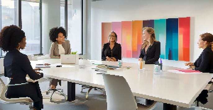 A diverse group of women leaders having a discussion in a bright, modern office setting.