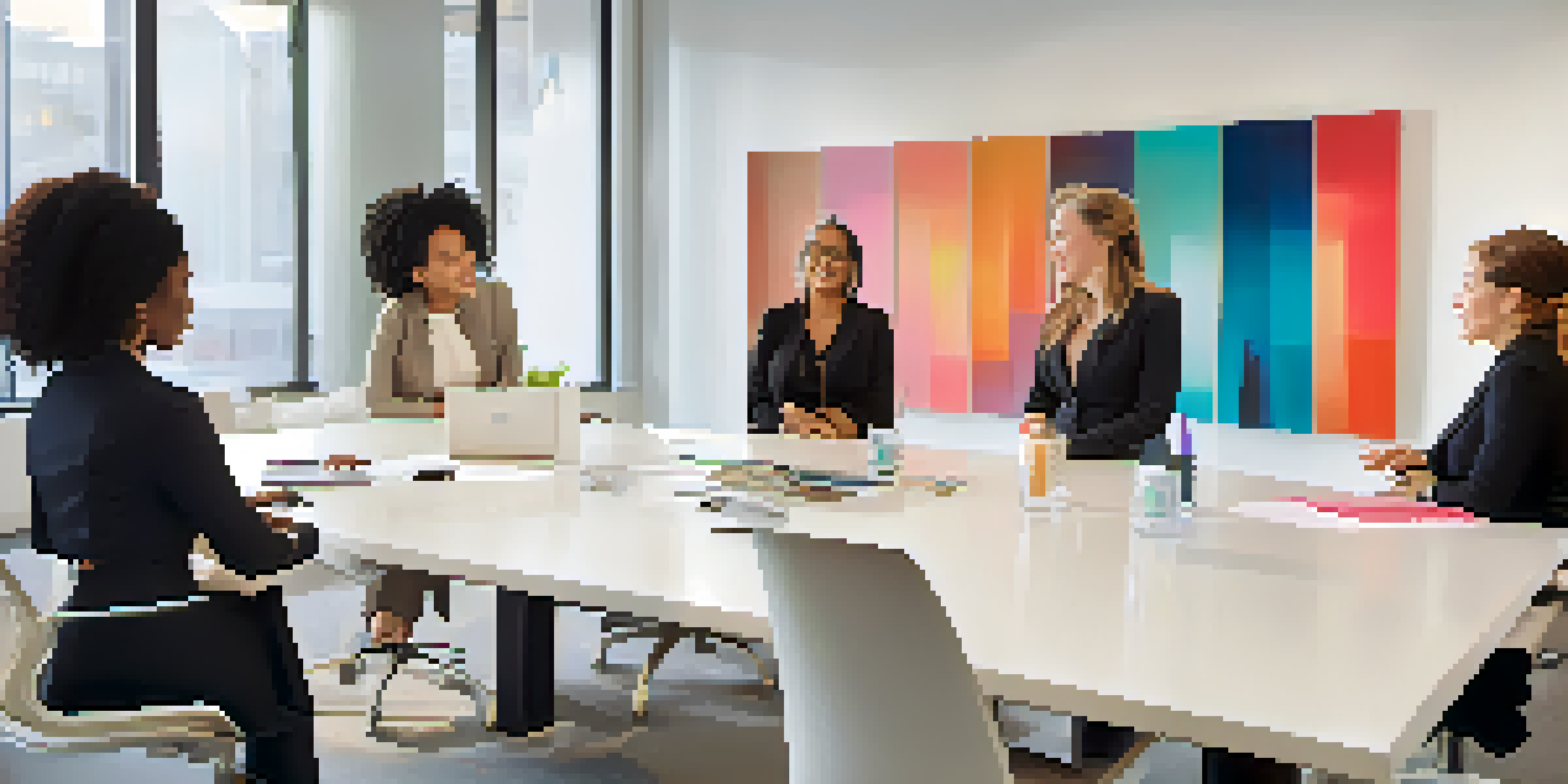 A diverse group of women leaders having a discussion in a bright, modern office setting.