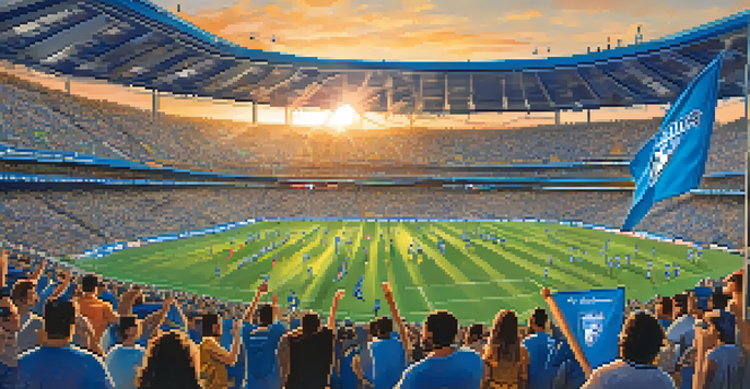 A lively soccer match at PayPal Park with enthusiastic fans, colorful banners, and players in action under a sunset sky.