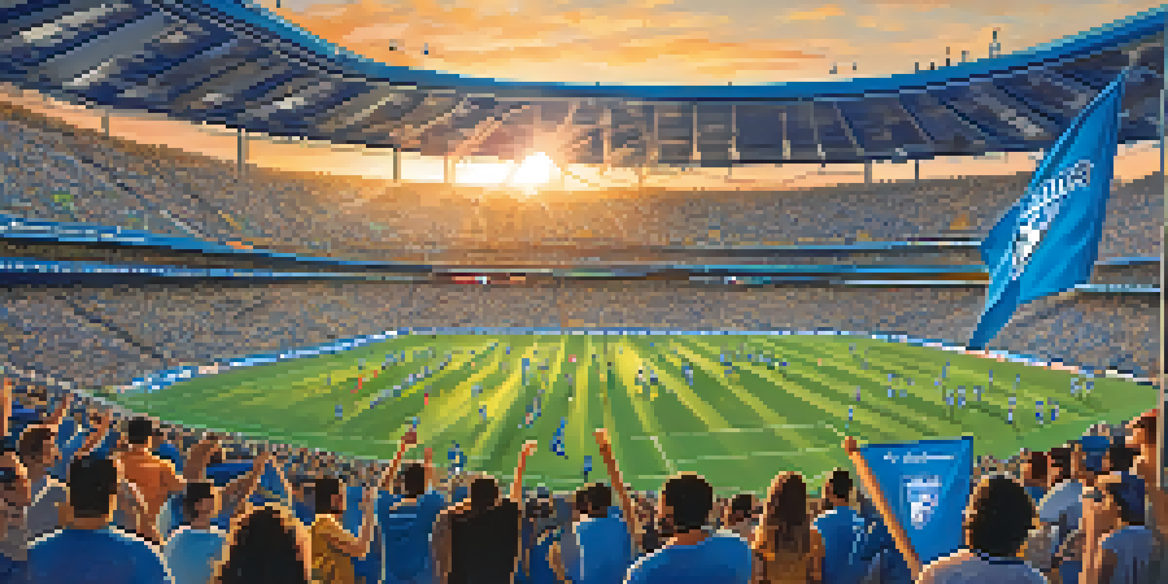 A lively soccer match at PayPal Park with enthusiastic fans, colorful banners, and players in action under a sunset sky.