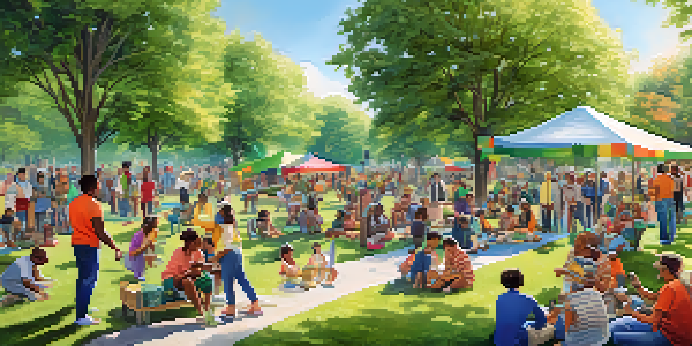 A diverse group of community members gathering in a park, planting trees and sharing resources, with greenery and colorful banners under a clear blue sky.
