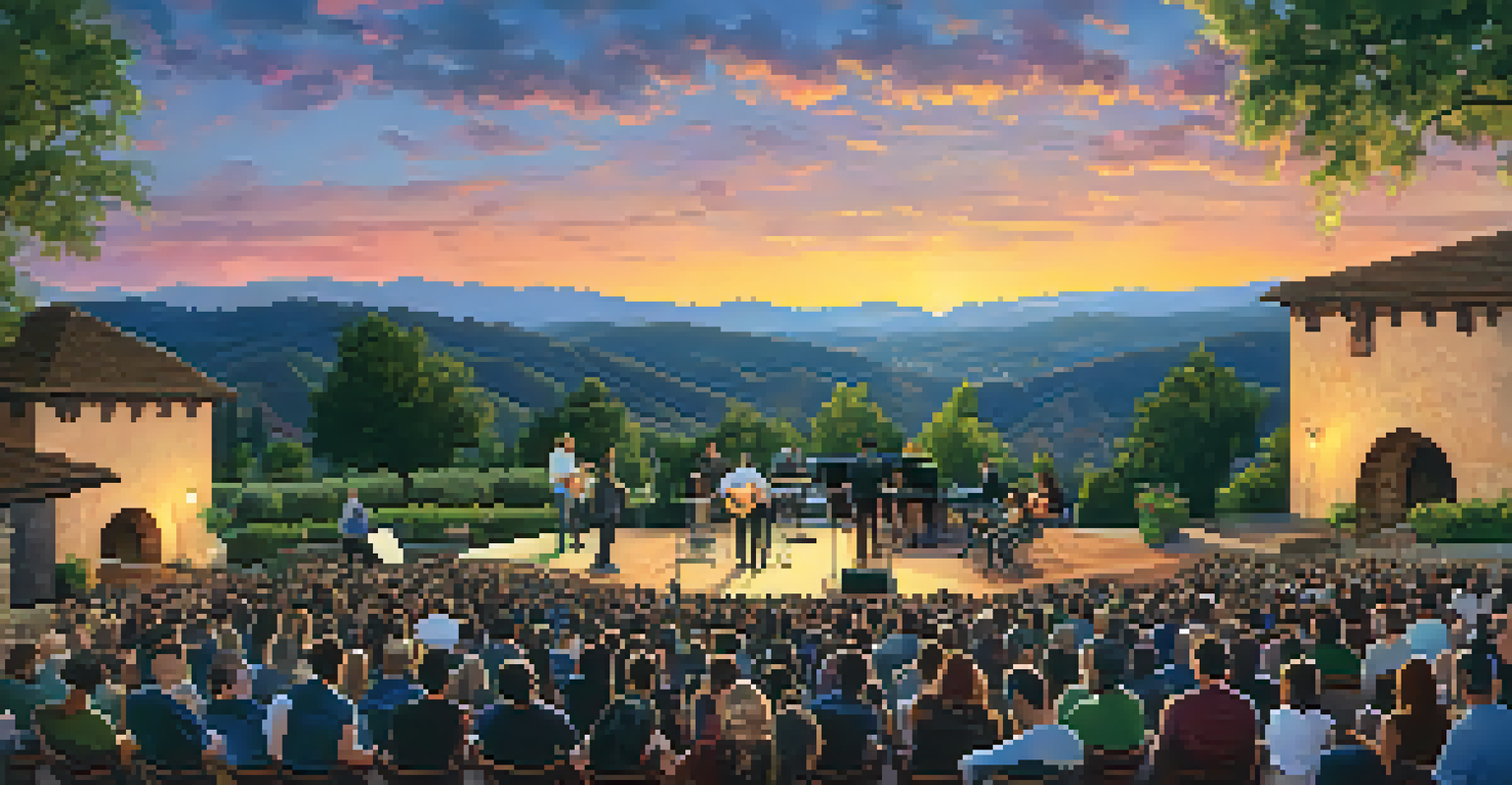 Outdoor concert at The Mountain Winery with musicians performing at sunset, audience enjoying the view.