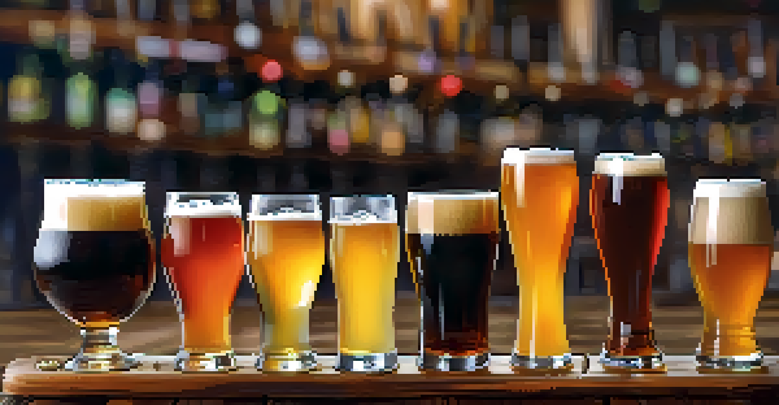 A close-up of a craft beer flight with various colorful beers on a wooden board in a brewery.
