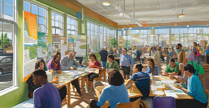 A diverse group of residents participating in a community workshop about transit development, with colorful posters and maps on display.