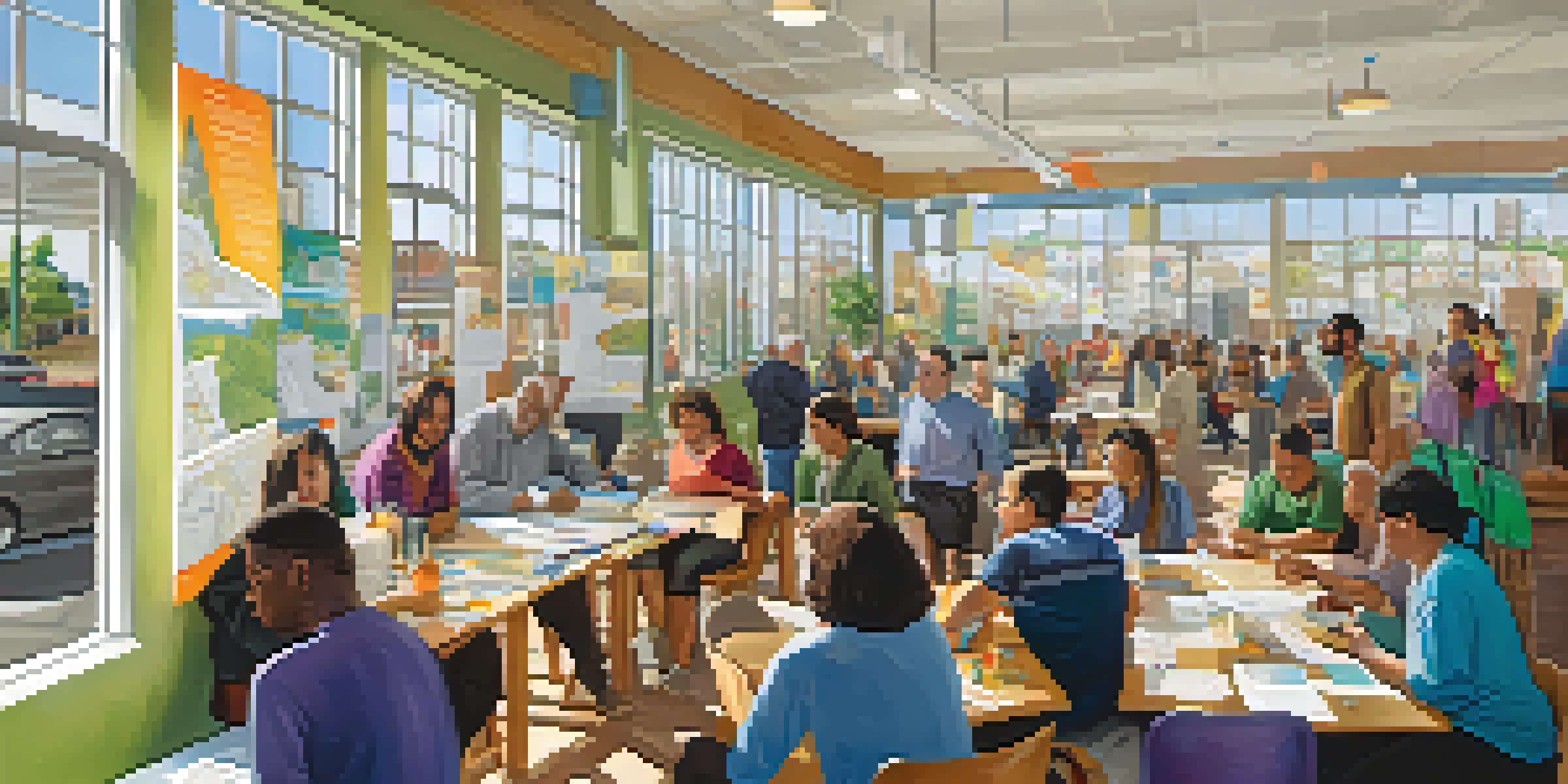 A diverse group of residents participating in a community workshop about transit development, with colorful posters and maps on display.