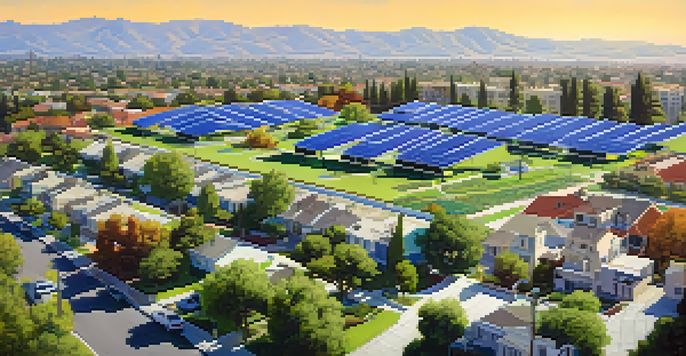 Aerial view of San Jose with solar panels on rooftops and wind turbines in the distance, highlighting a sustainable community.