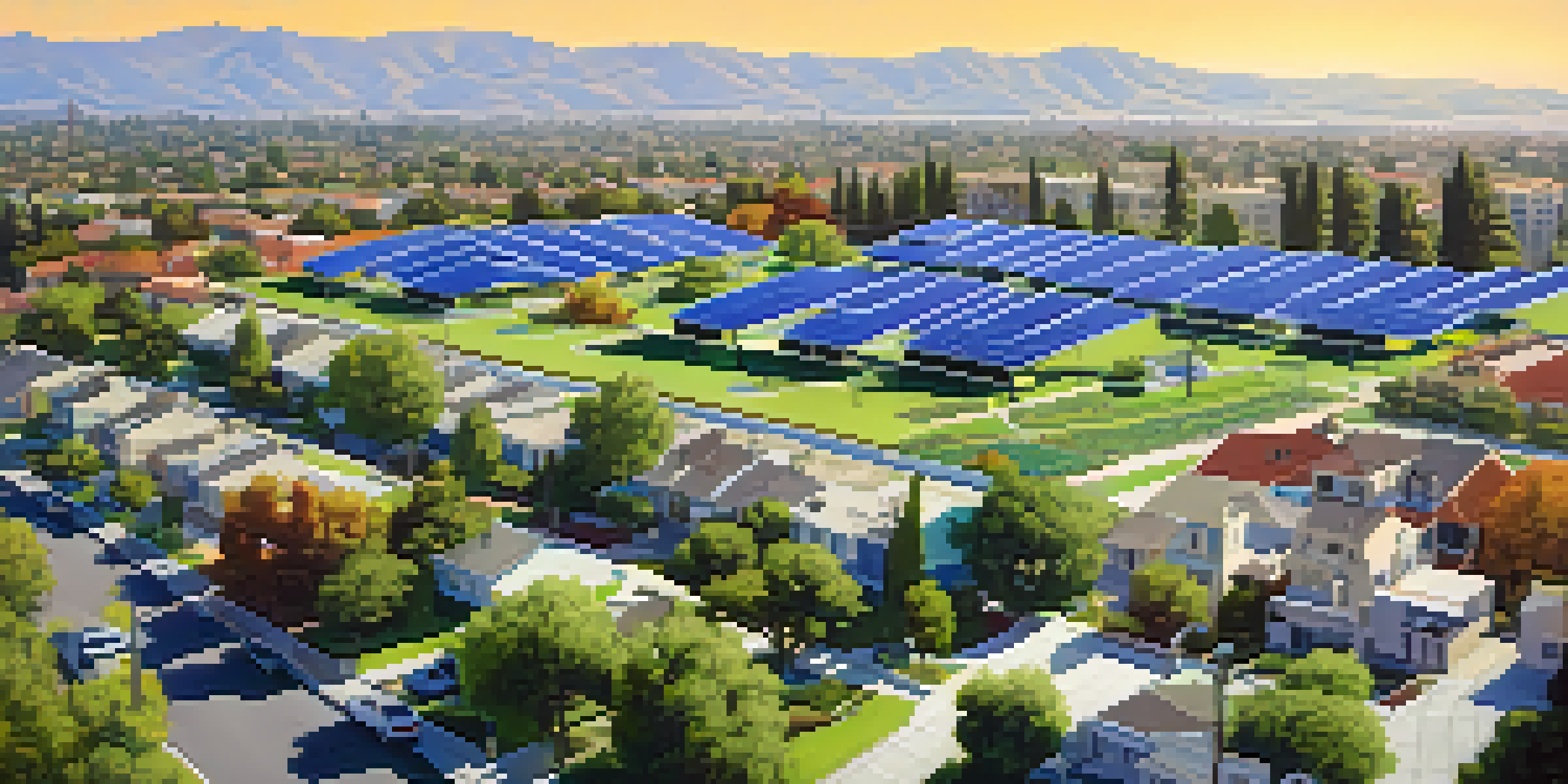 Aerial view of San Jose with solar panels on rooftops and wind turbines in the distance, highlighting a sustainable community.