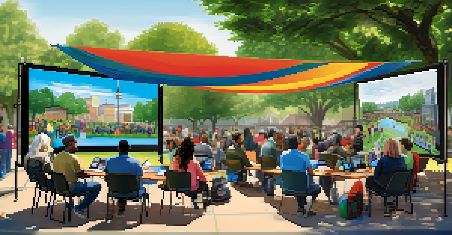 A lively community engagement event in San Jose, with residents using technology to participate in a virtual town hall meeting in a park.