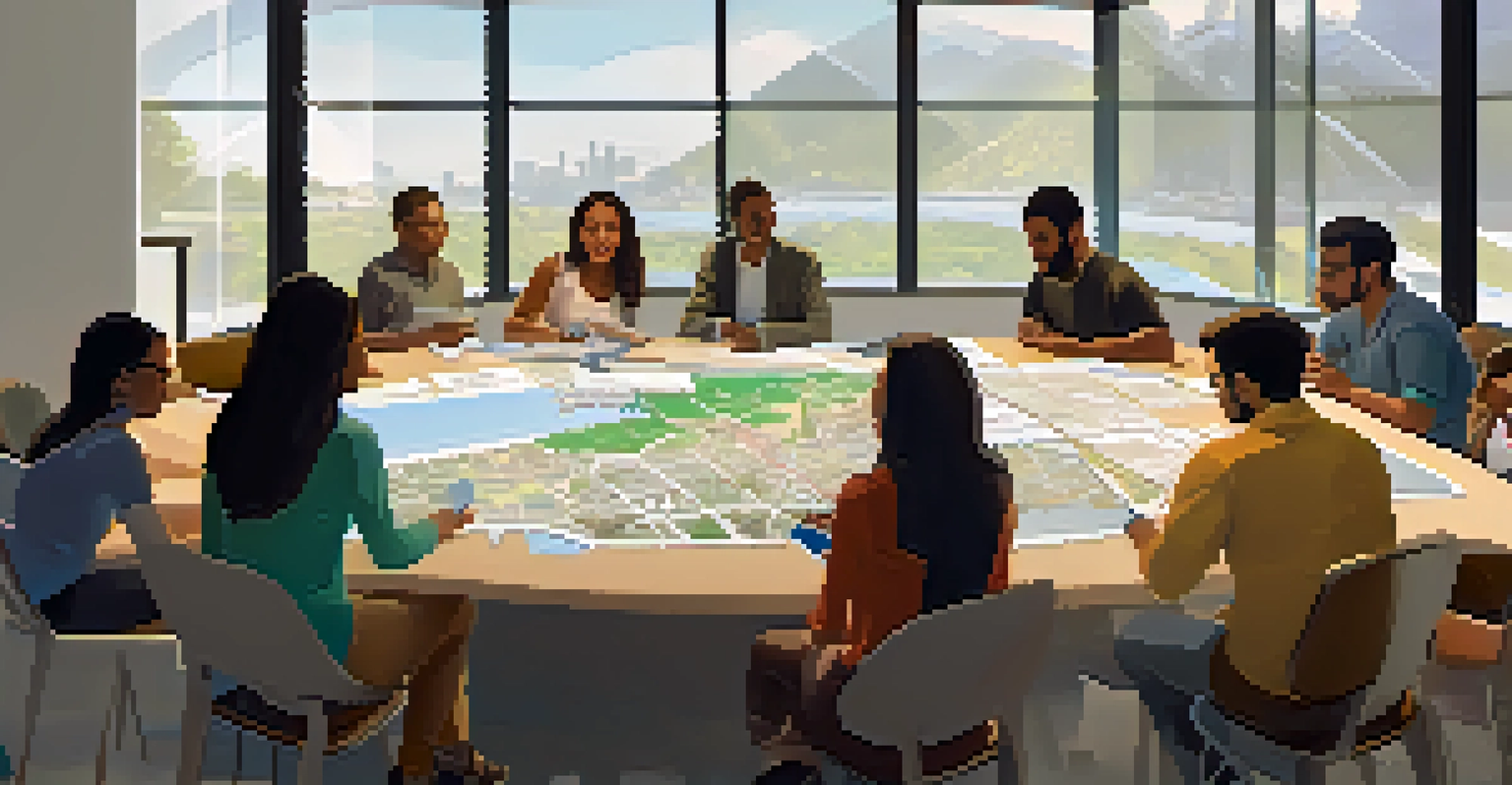 A community workshop in San Jose with residents discussing urban planning, surrounded by maps, planning materials, and digital screens, all bathed in natural light.