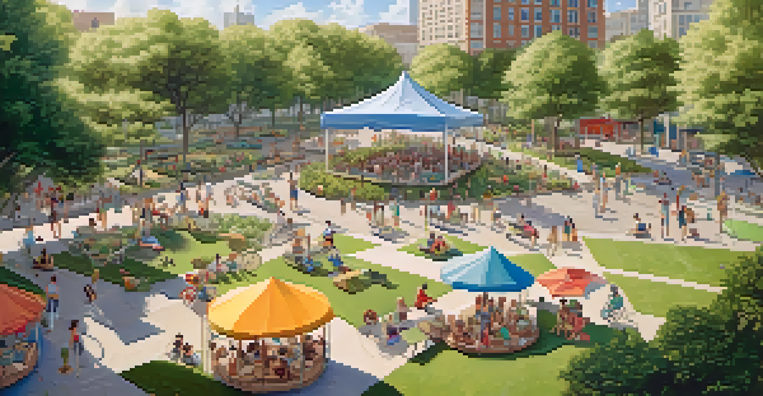 An aerial view of a lively city park during Car-Free Day, showing people enjoying various activities in a green urban environment.