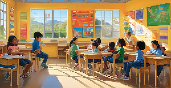 A diverse group of children in a bright classroom participating in a bilingual learning activity with a teacher.