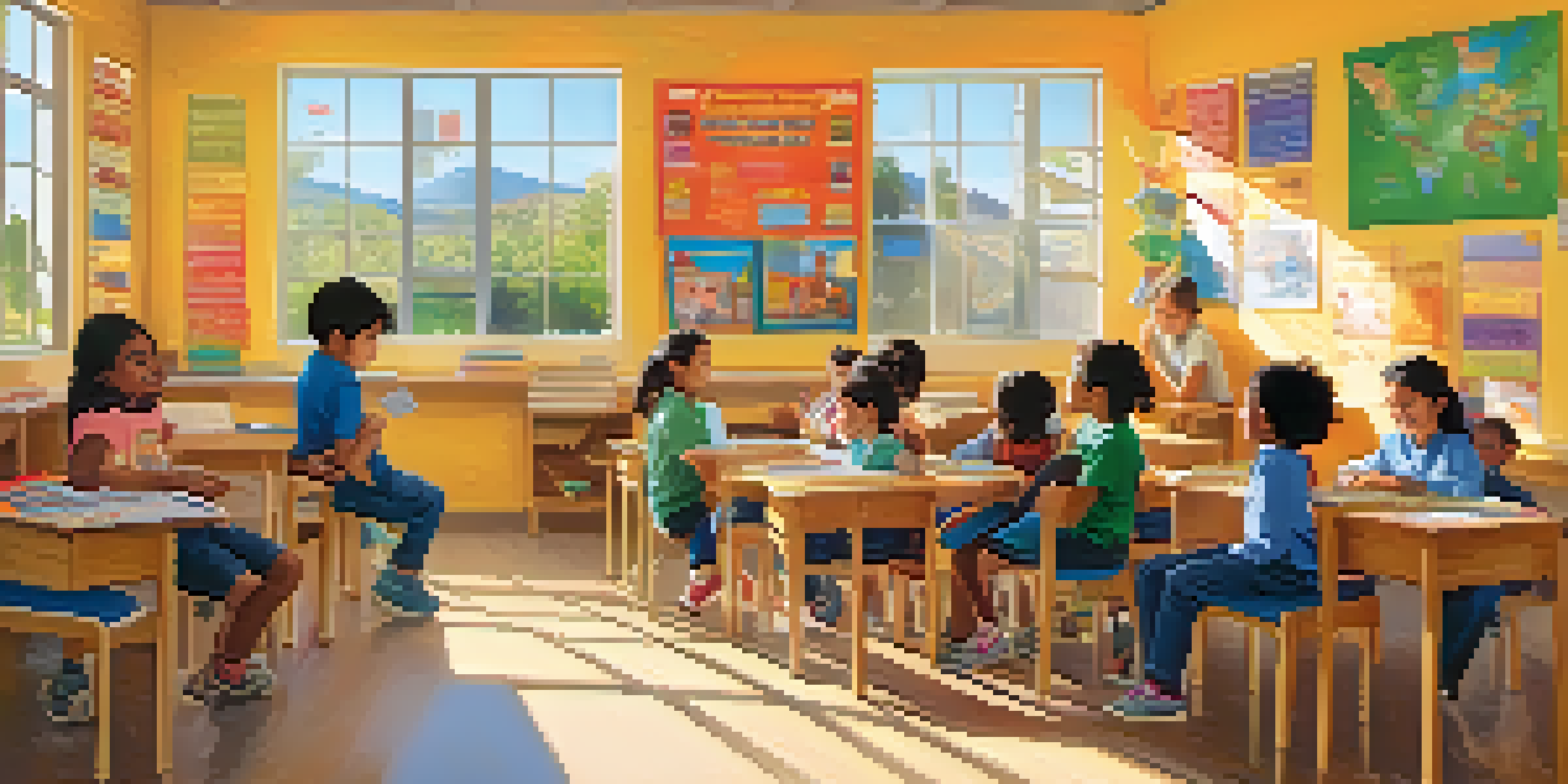 A diverse group of children in a bright classroom participating in a bilingual learning activity with a teacher.
