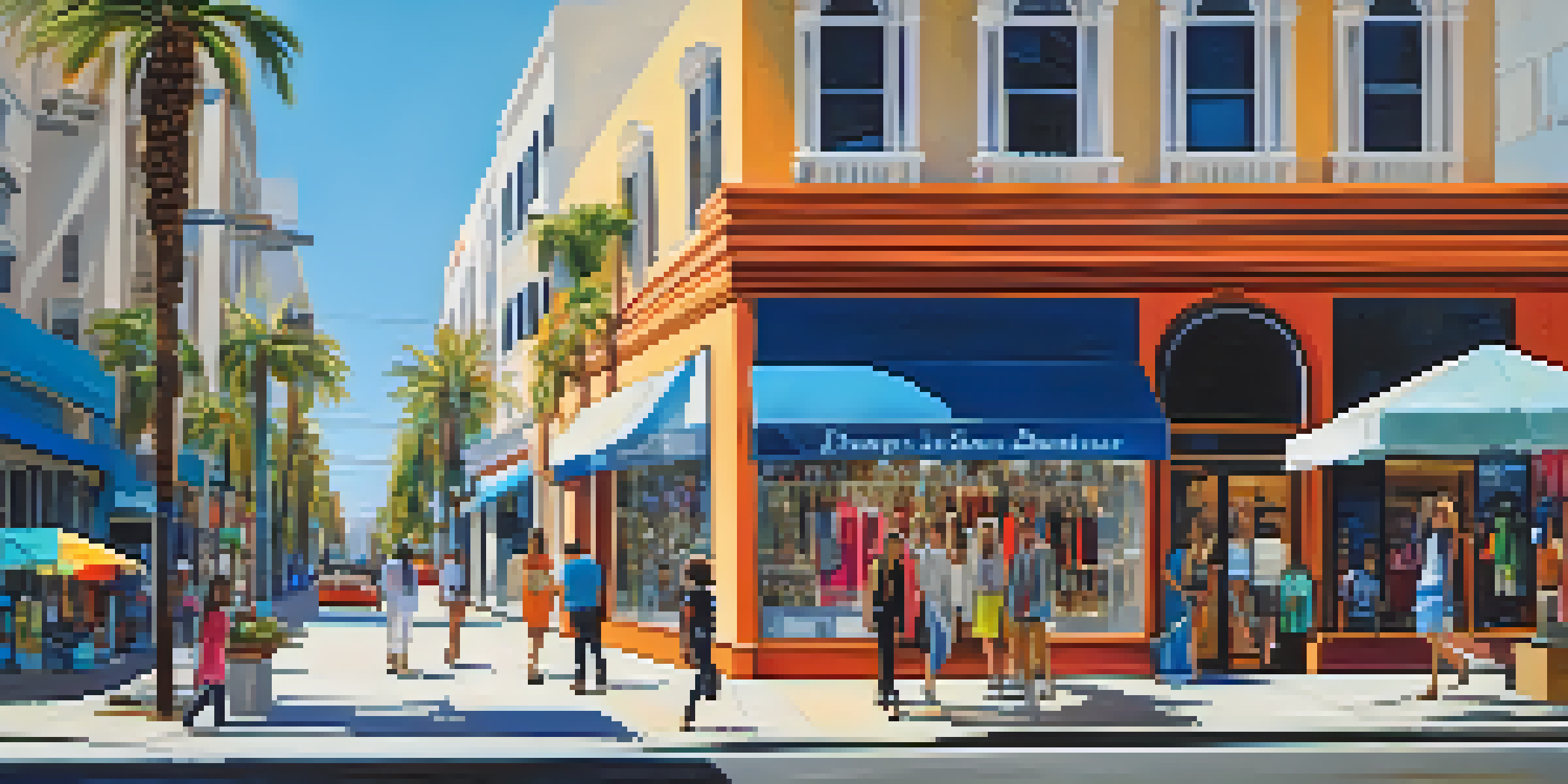 A lively street scene in San Jose with a local boutique featuring colorful clothing made from sustainable materials, surrounded by palm trees and modern buildings.
