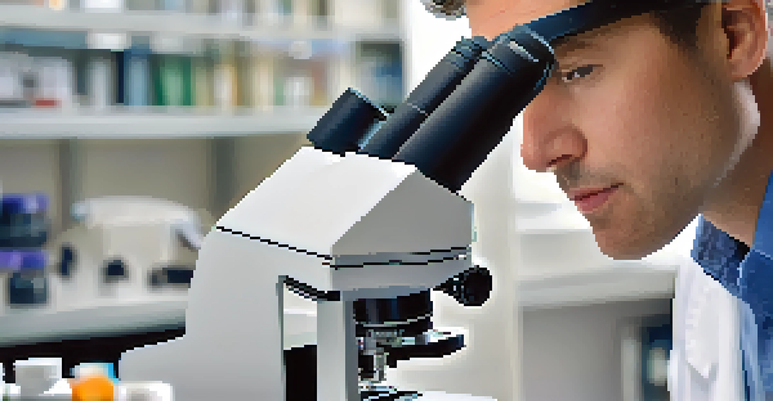 A researcher intently looking through a microscope with detailed focus on the equipment.