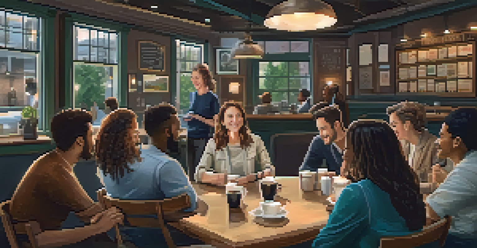 A warm coffee shop scene where a group of entrepreneurs are casually networking and sharing ideas over coffee.
