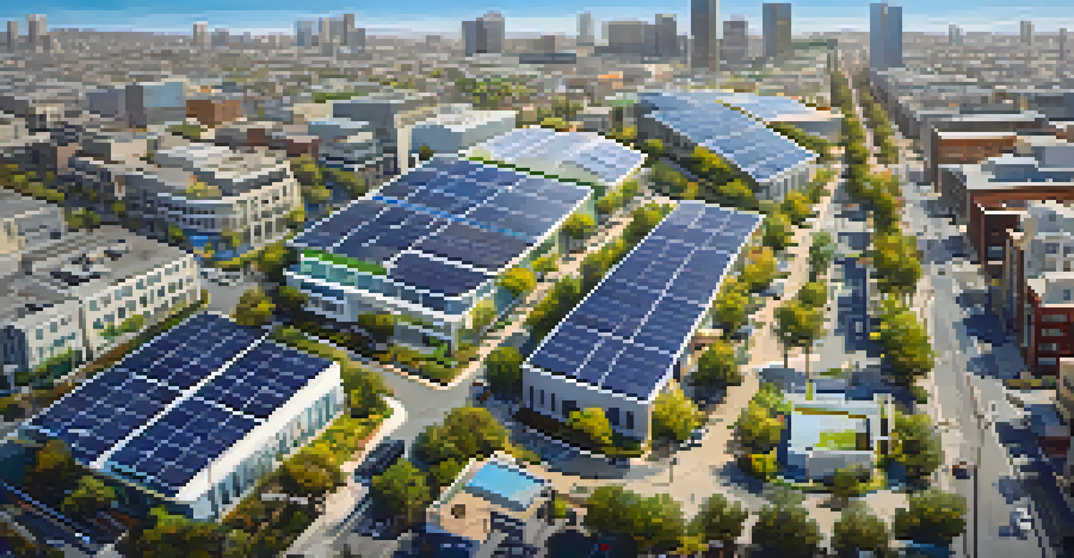 Aerial view of San Jose with solar panels, electric vehicles, and green spaces showcasing the city's commitment to sustainability.