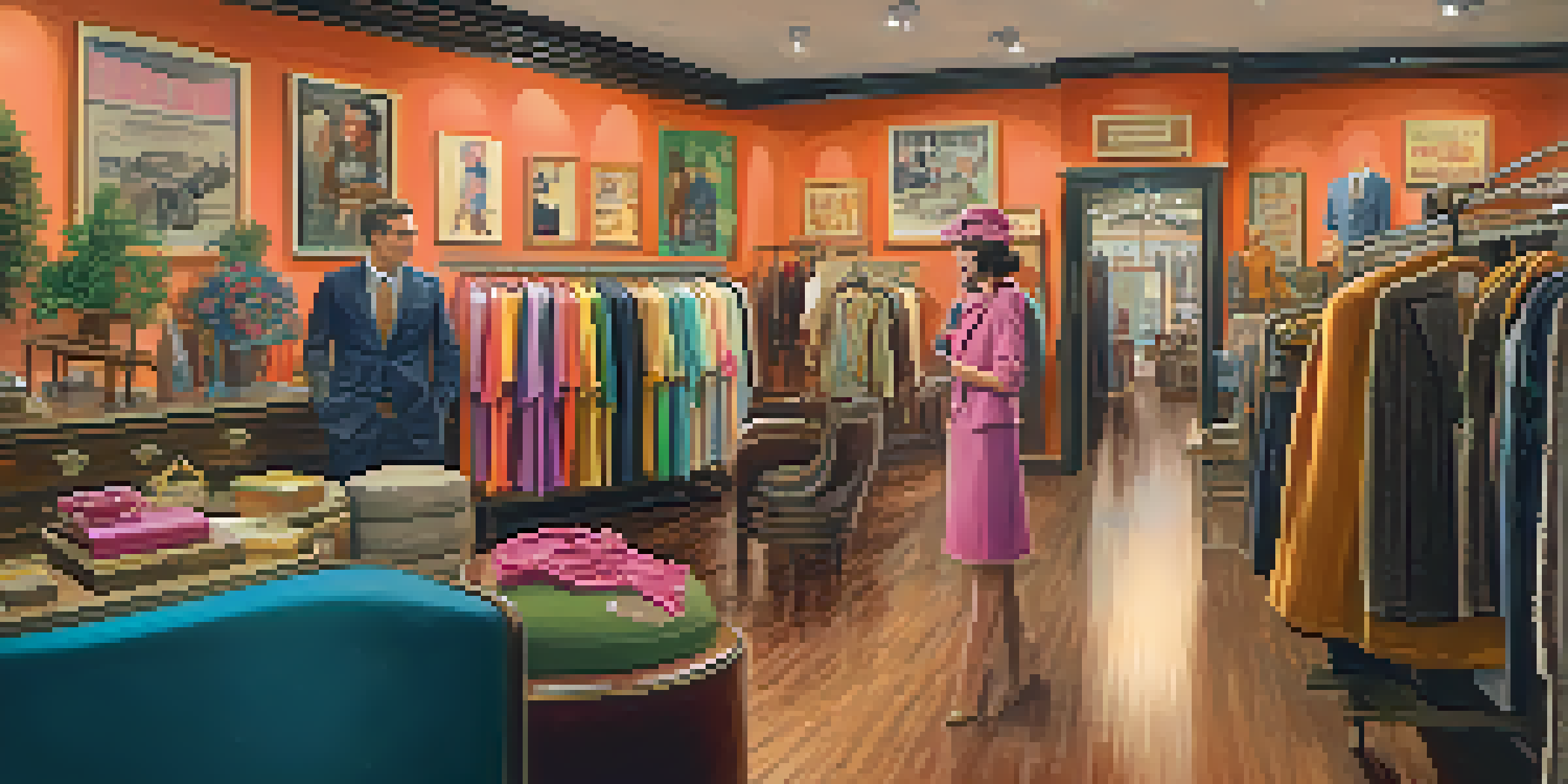 A vintage boutique interior showcasing retro clothing with warm lighting and a welcoming staff member.