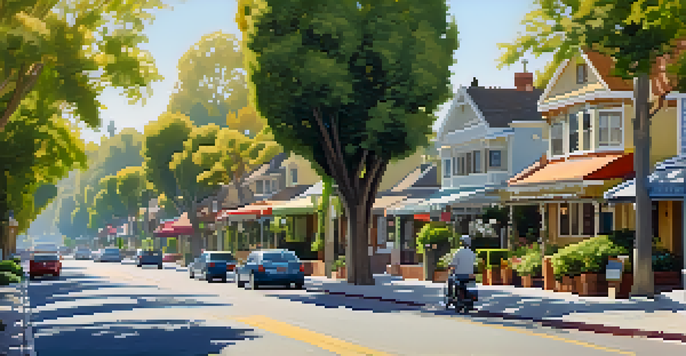 A vibrant street scene in Willow Glen with charming bungalows, tree-lined streets, and a bustling farmer's market.