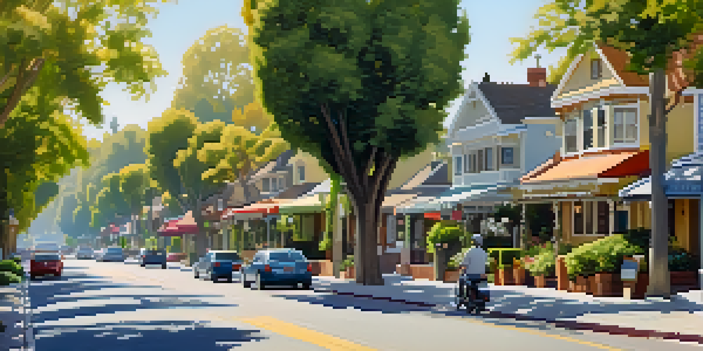 A vibrant street scene in Willow Glen with charming bungalows, tree-lined streets, and a bustling farmer's market.