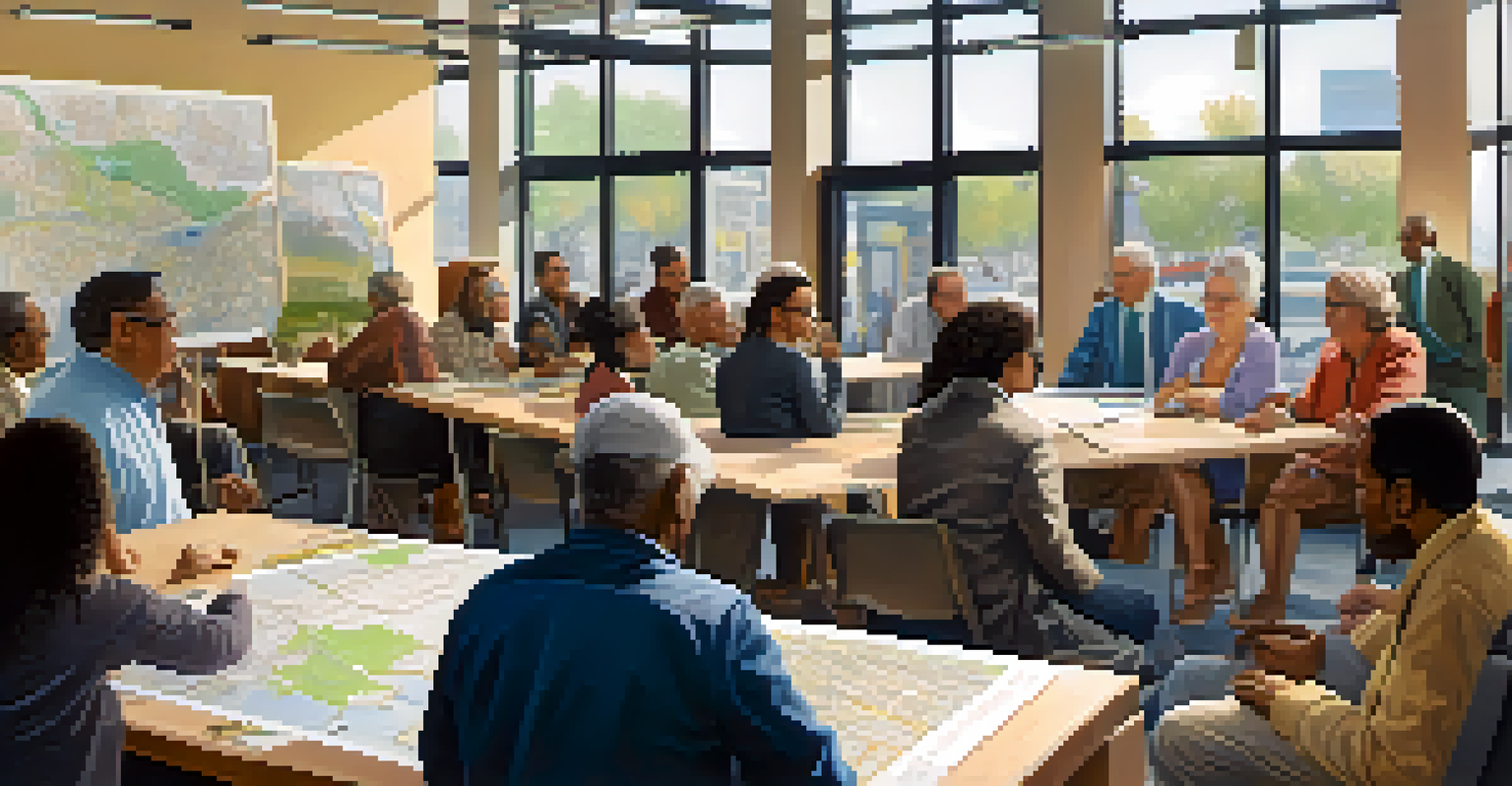A community meeting with diverse residents discussing Transit-Oriented Development plans, with maps and designs displayed, bathed in natural light.