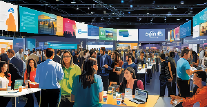 A vibrant tech conference in San Jose with diverse attendees networking and showcasing innovative products.