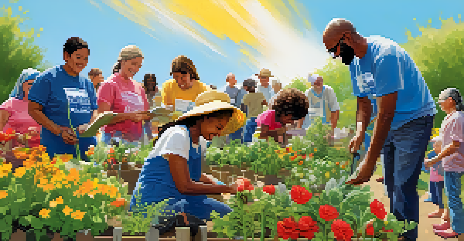 Individuals from various religious communities volunteering together in a community garden, planting flowers and sharing stories under a sunny blue sky.