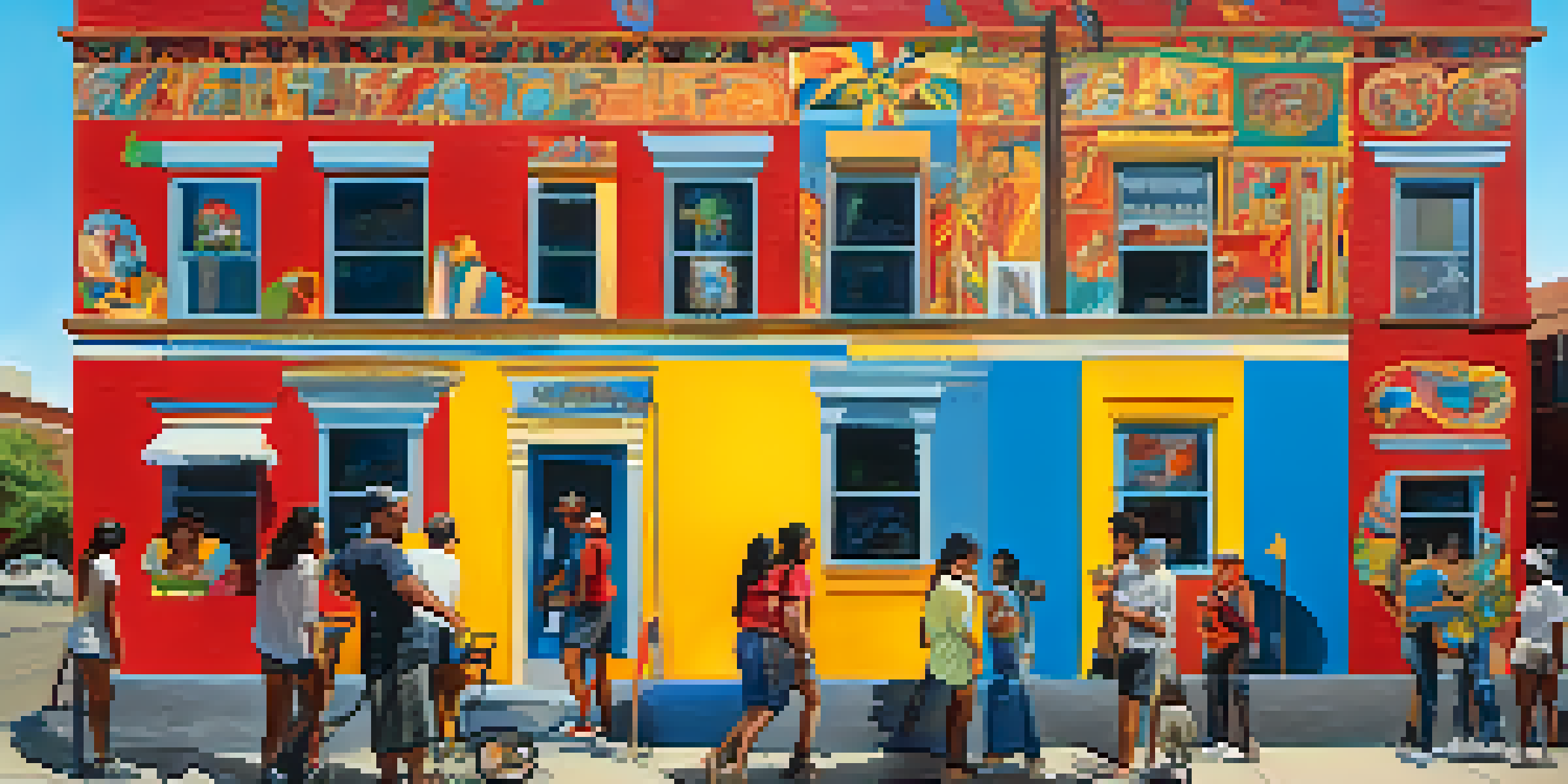 A community mural being painted by residents, with vibrant colors and cultural symbols, capturing a sunny day atmosphere.
