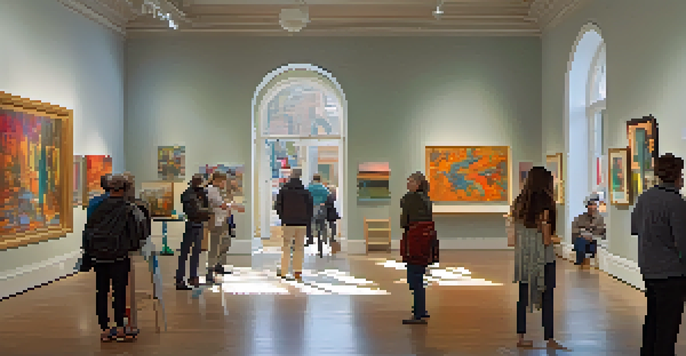 An inviting art gallery filled with colorful artworks and visitors engaging in discussions.