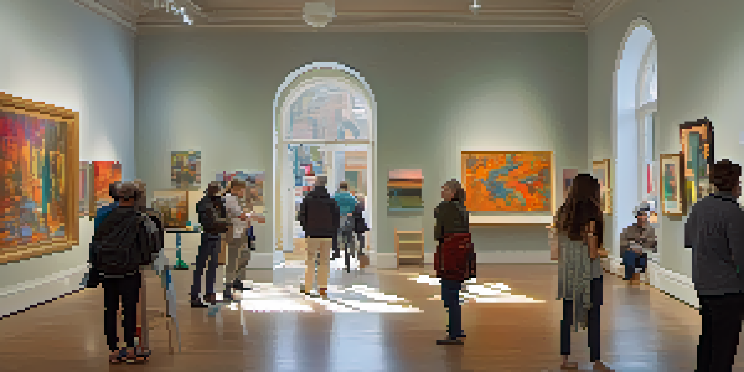 An inviting art gallery filled with colorful artworks and visitors engaging in discussions.