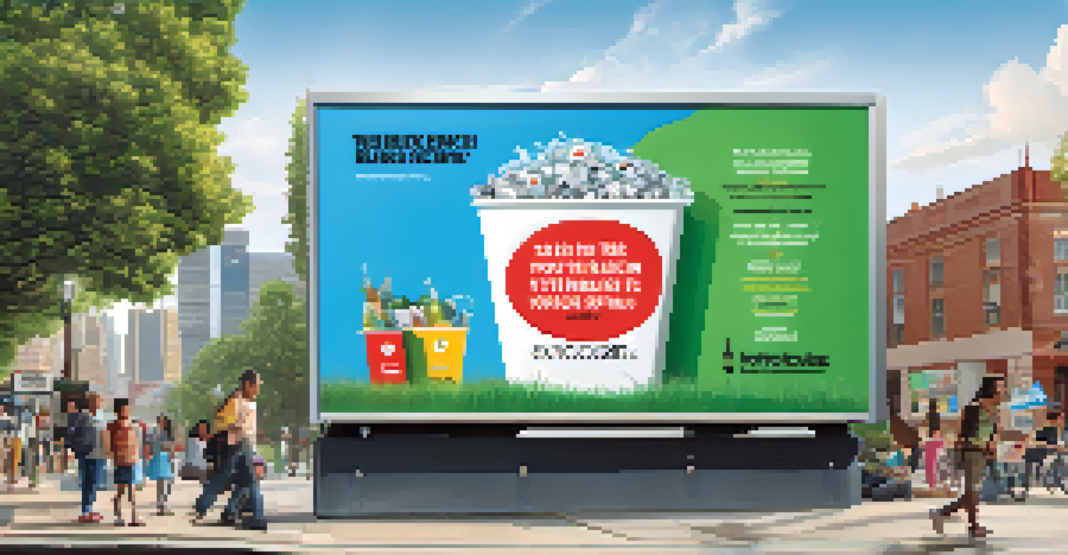 A vibrant billboard promoting recycling in an urban setting, with people stopping to read it.