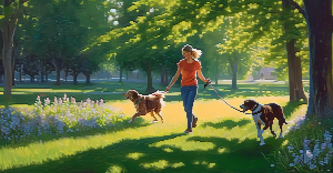 A volunteer walking a happy dog in a sunny park, surrounded by greenery and flowers.