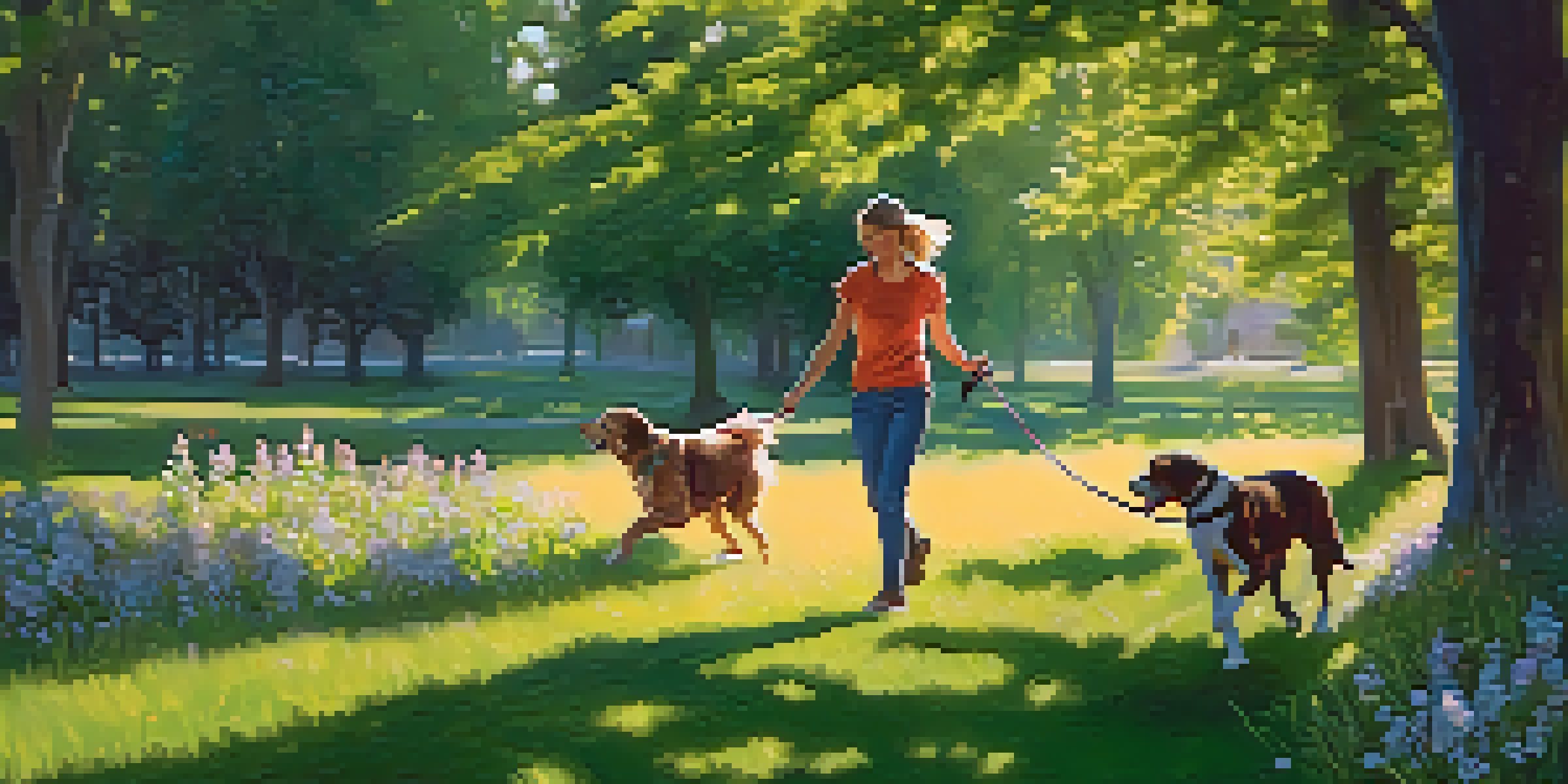 A volunteer walking a happy dog in a sunny park, surrounded by greenery and flowers.