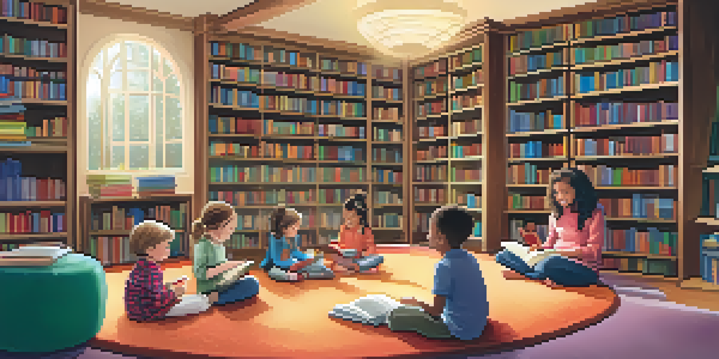 A family literacy event in a library with parents and children sitting together on a rug, surrounded by books and craft materials.