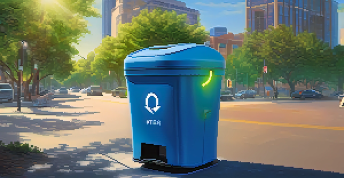 A smart waste bin with sensors on a clean street in San Jose, surrounded by greenery and a city skyline, showing sorted recyclables inside.