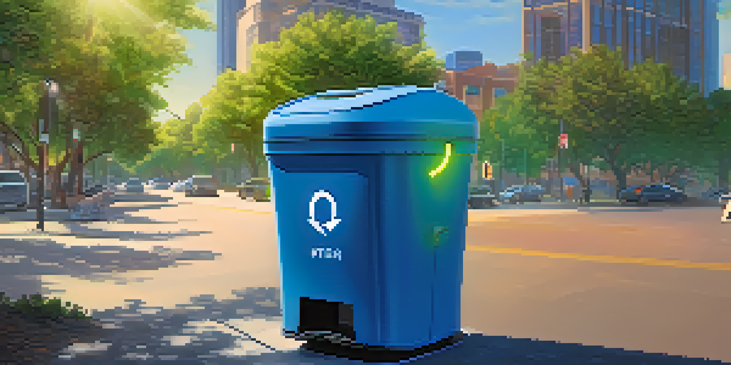 A smart waste bin with sensors on a clean street in San Jose, surrounded by greenery and a city skyline, showing sorted recyclables inside.