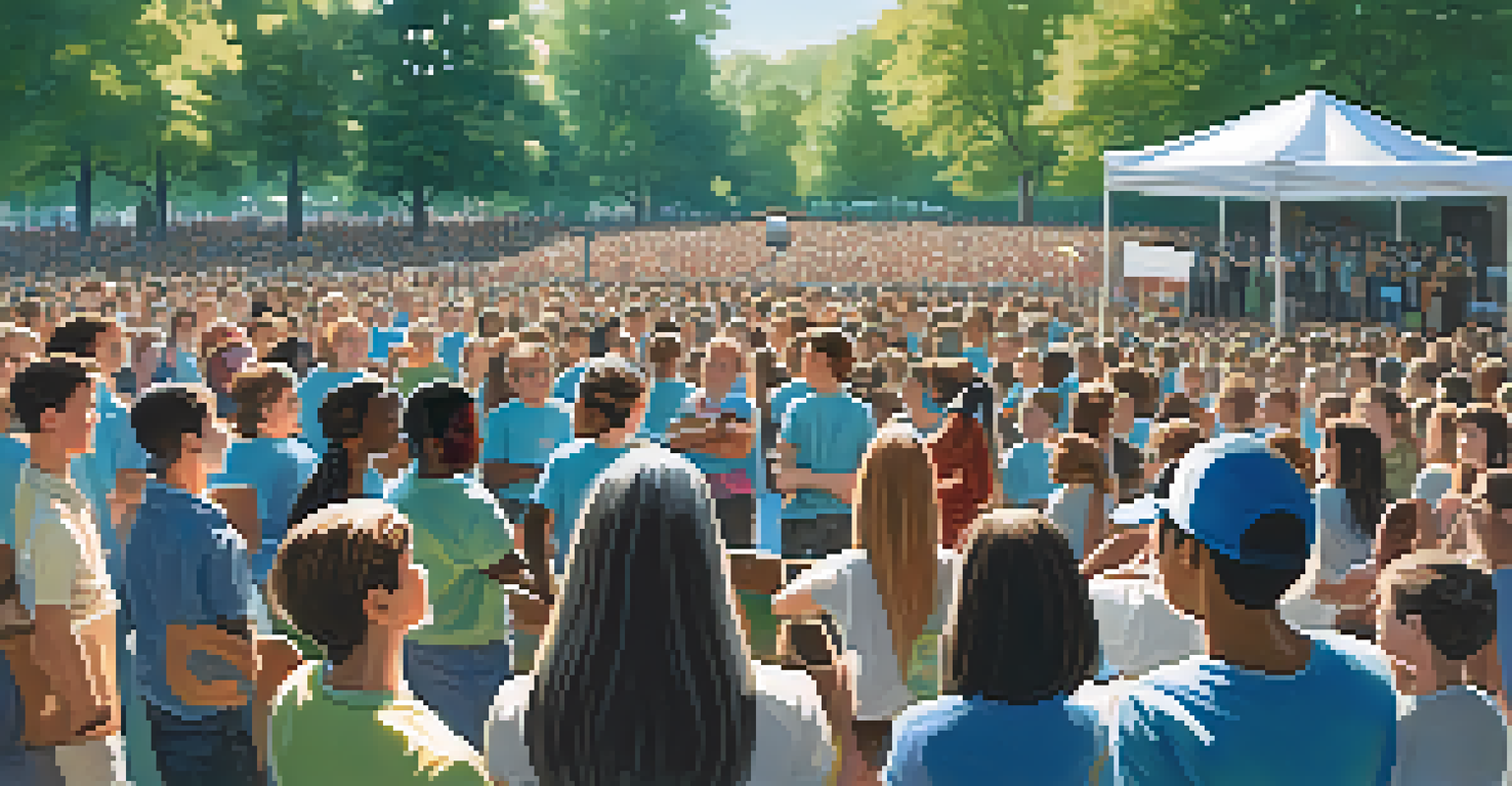 A young speaker addressing a crowd of enthusiastic youth in a sunny park, promoting civic participation with signs.