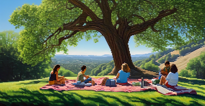 A picturesque landscape of Alum Rock Park featuring greenery, rock formations, and a family having a picnic on a blanket in the shade.
