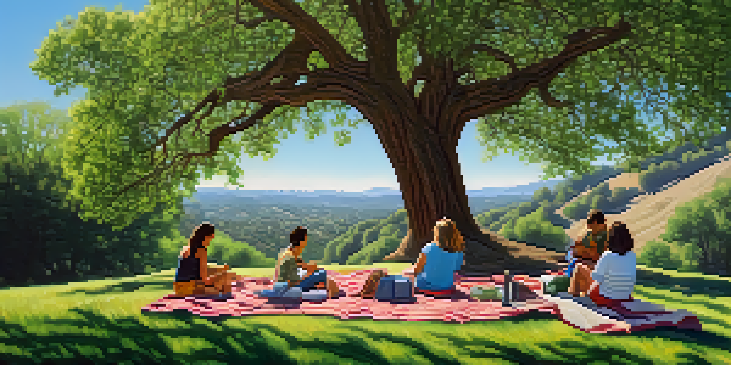 A picturesque landscape of Alum Rock Park featuring greenery, rock formations, and a family having a picnic on a blanket in the shade.