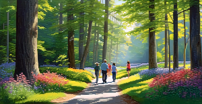 A diverse group of people walking on a forest path, with sunlight filtering through trees and wildflowers along the way.