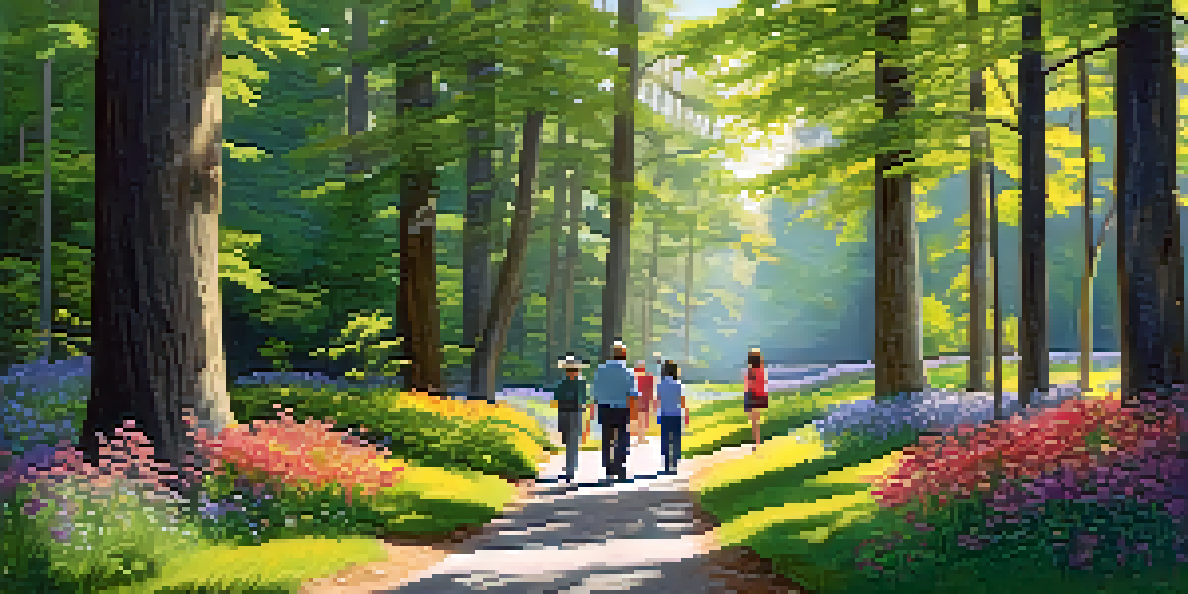A diverse group of people walking on a forest path, with sunlight filtering through trees and wildflowers along the way.