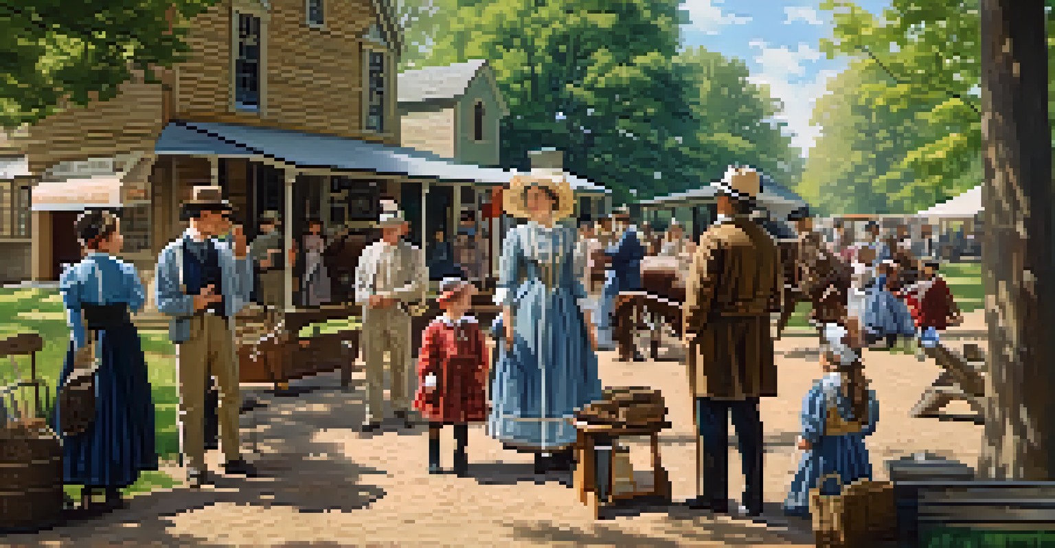 An outdoor scene at History Park with families and historical reenactors in 19th-century attire, surrounded by historic buildings and a sunny atmosphere.