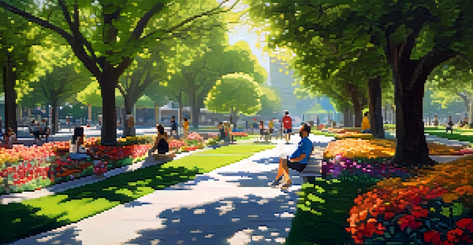 A lively urban park in San Jose with people jogging, reading, and having a picnic under the trees.