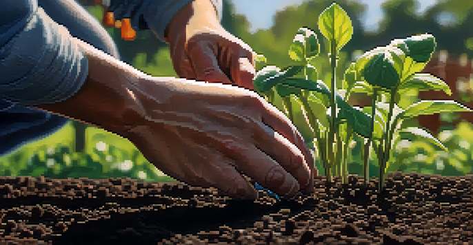Close-up of a gardener's hands planting seeds in dark soil, with green seedlings and a watering can visible in a community garden.