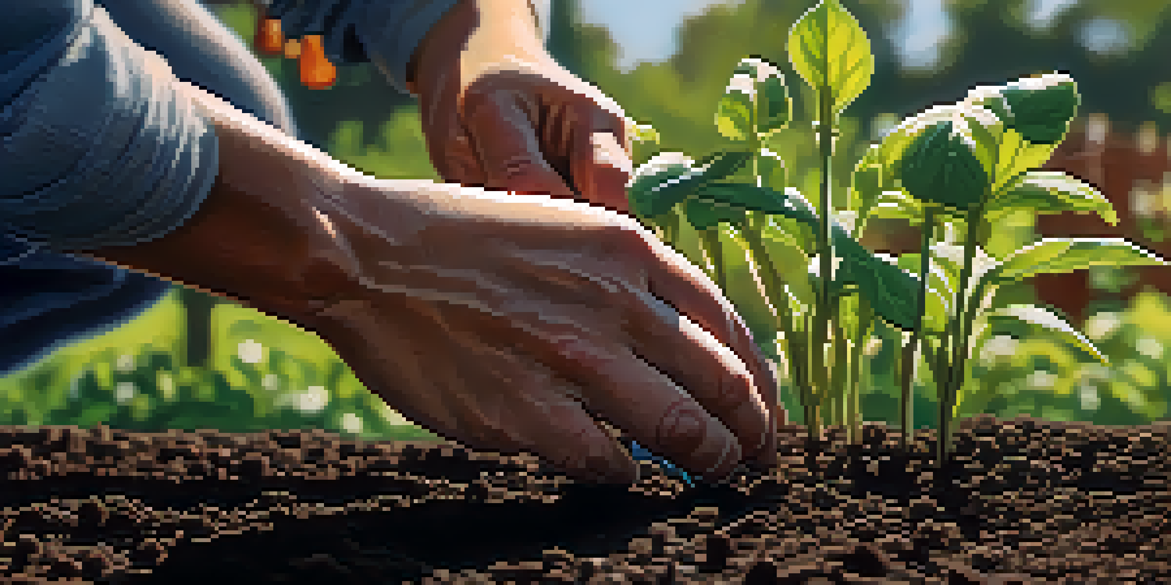 Close-up of a gardener's hands planting seeds in dark soil, with green seedlings and a watering can visible in a community garden.