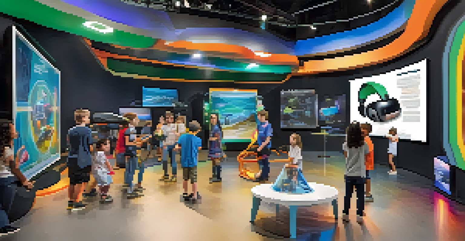 Children engaging with interactive science exhibits, experimenting with robotics and virtual reality in a colorful and bright environment.