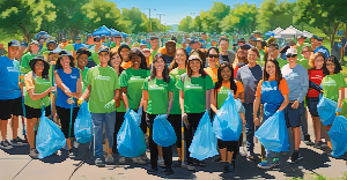 A group of diverse volunteers participating in a clean-up event in a San Jose park, surrounded by greenery and blue skies.