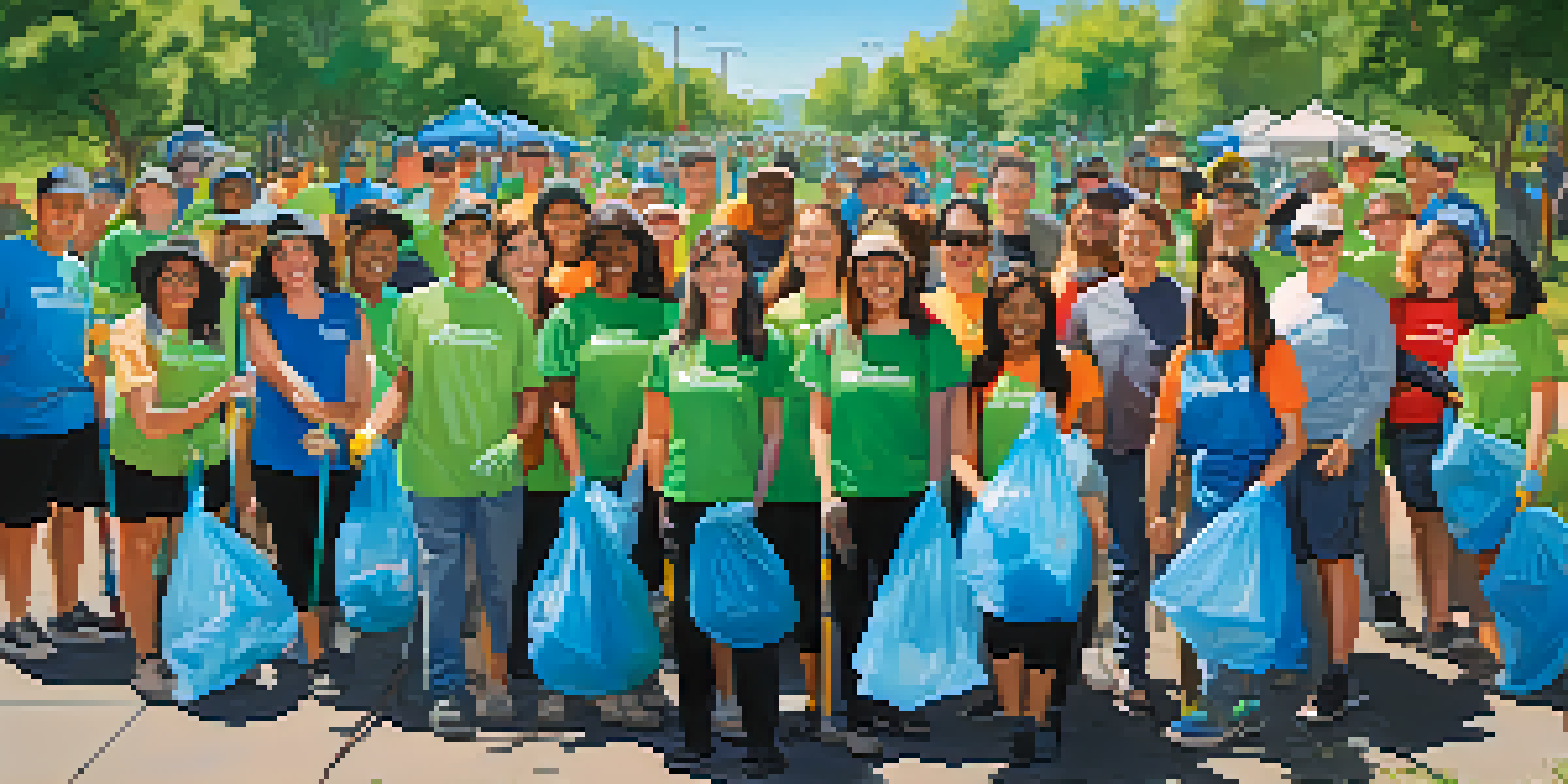 A group of diverse volunteers participating in a clean-up event in a San Jose park, surrounded by greenery and blue skies.