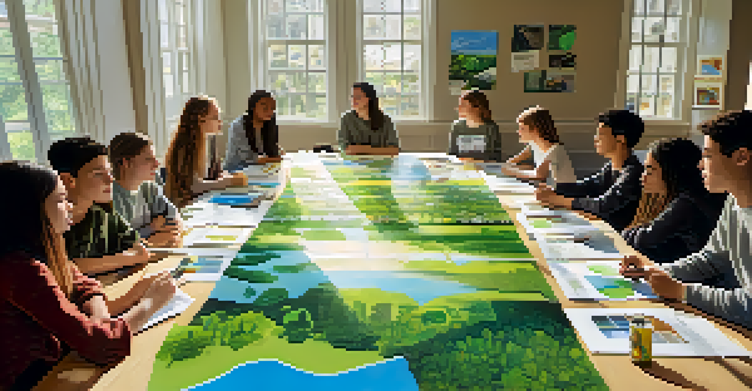 A group of diverse teenagers in a bright room, having a meeting about environmental advocacy with eco-friendly materials and sustainability posters around them.