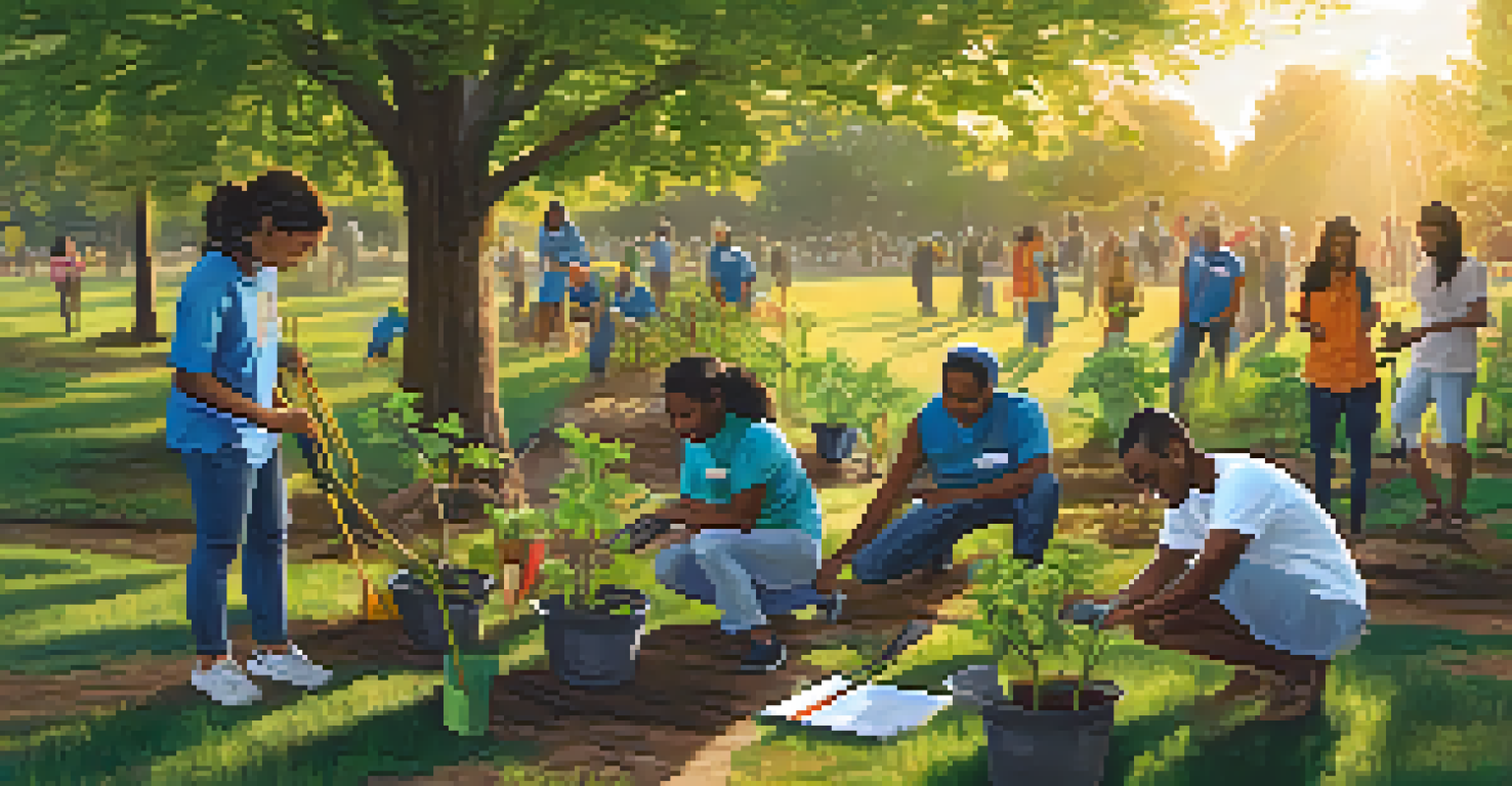 Individuals from various faith backgrounds planting trees in a park, smiling and collaborating during a community service event with a sunset backdrop.
